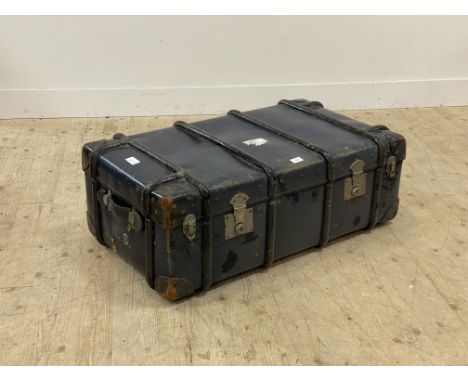 A 1930's / 40's blue painted leather and wood bound vulcanised fibre cabin trunk. W92cm.