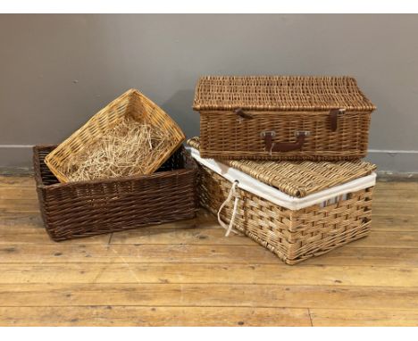 A Vintage Wicker lidded basket with natural linen lining, (W56cm) together with a lidded wicker picnic hamper with incomplete