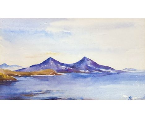 Unknown artist, seascape scene with hills to background, watercolour, initialled (CJ?)bottom right, framed. (20cmx35cm)