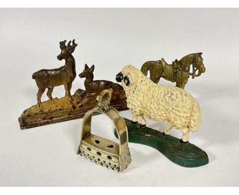 A 19thc cast iron stag and hind distressed finished door stop H x 18cm L x 32cm , a modern cast iron ram enamel door stop H x