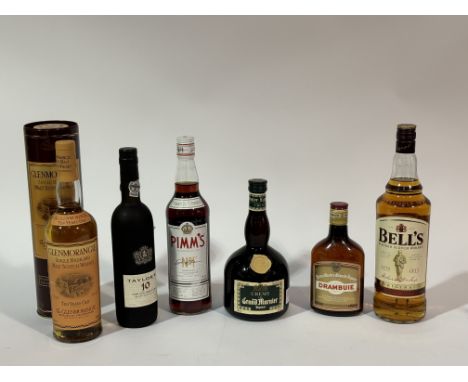 A collection of bottled spirits comprising, a&nbsp;Glenmorangie Single Highland Malt Scotch Whisky 10yr old (40%vol), a Taylo