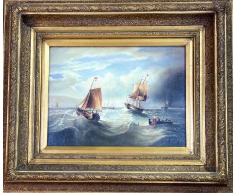 Unknown artist (after G.A. Napier),modern copy of Old Master Ships at Sea, acrylic on canvas in a gilt composition frame. (28