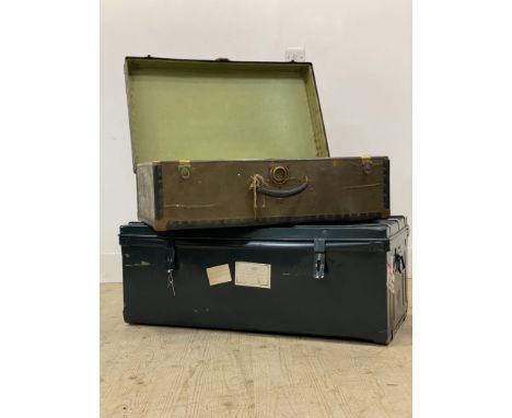 An early 20th century bound cabin trunk, (W78cm) together with a green tin trunk (90cm) (2)