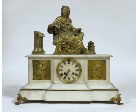 A French gilt-metal mounted white marble mantel clock,19th century, the stepped and moulded case with a gilt-metal cast figur