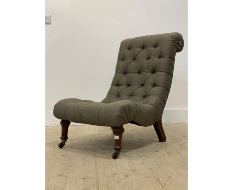 A 19th century French scroll back drawing room chair, traditionally upholstered with horse hair and covered in buttoned silk 