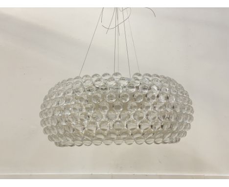A large contemporary Italian pendent light fitting by Foscarini, acrylic spheres on an aluminium frame of compressed cylindri