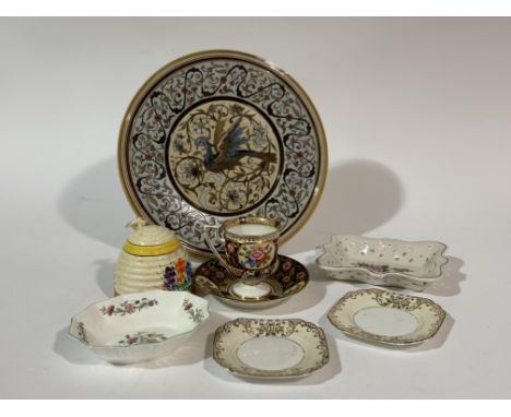 A mixed collection comprising, a Clarice Cliff pottery honeycomb shaped honey pot with honeybee to cover. (crack and repair t