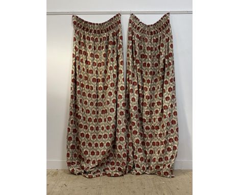 A pair of cotton lined and interlined curtains with printed floral design. (Drop 241cm, each width 241cm) complete with tasse