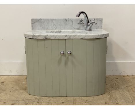 A marble and ceramic sink basin with tap and painted cabinet stand. W67cm, D45cm.