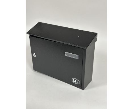 A new SL wall mounting black enamel slope top letter box with panel opening locking door to front complete with two keys H x 