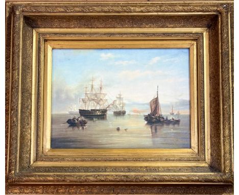 Unknown artist (After G.A. Napier), a modern copy of old master ships at sea, acrylic on canvas in a gilt composition frame. 