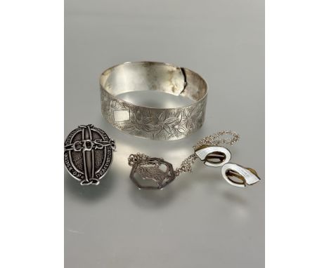 A Edwardian white metal stiff engraved adjustable bracelet with engraved decoration H x 2cm x D x 6.8cm, a pair of Norwegian 