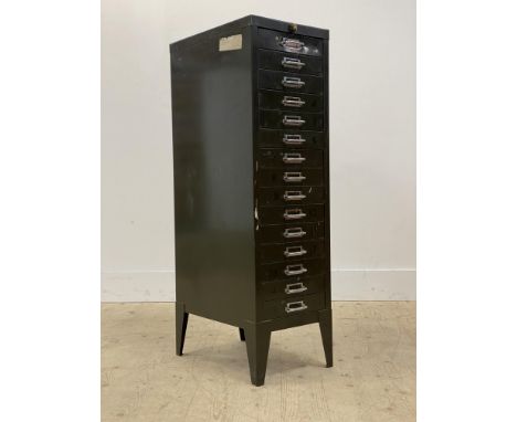 A vintage green painted pressed steel index or filling 15 drawer chest. H100cm, W30cm, D45cm