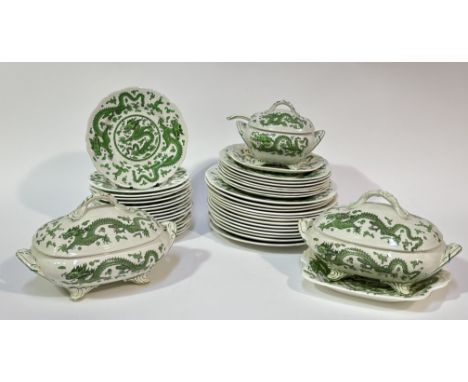 A Coalport 'Green Dragon' pattern part dinner service comprising, two tureens with cover (h-18cm w-28cm), a gravy boat with f