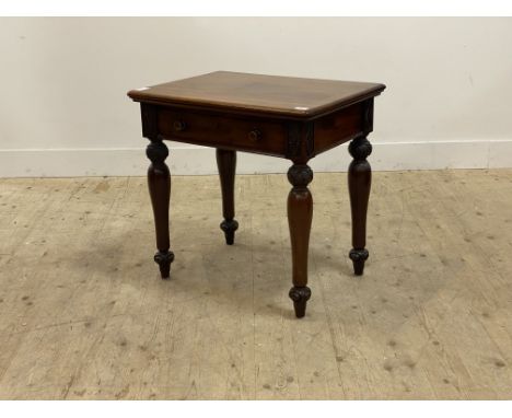 A Victorian mahogany lamp table, the top with moulded edge above frieze drawer and raised on turned and floral carved support