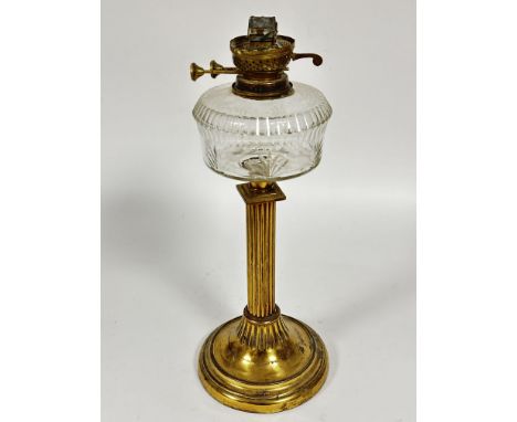 A Victorian brass fluted column oil lamp base with cut glass oil well on weighted stepped circular base H x 50cm&nbsp;