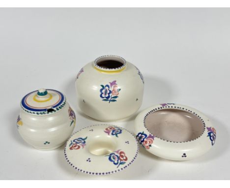 A Poole pottery squat vase decorated with hand painted floral sprays H x 11cm, a Poole pottery ribbed jam dish and cover with