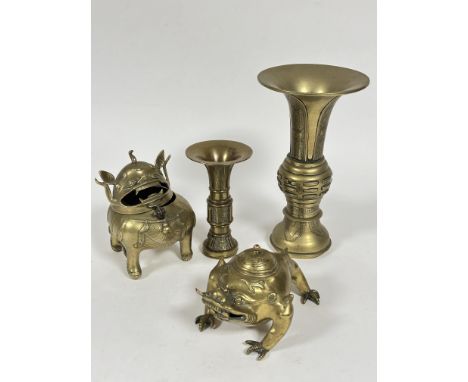 A Chines brass cast brass Fu incense burner with open mouth and hinged head&nbsp; H x 20cm&nbsp; D x 11cm, a Chinese cast bra