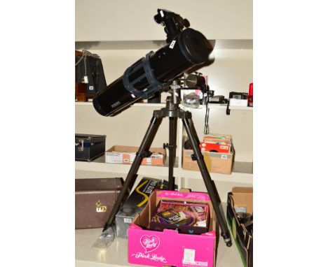 A JESSOPS TELESCOPE, with fully adjustable tripod stand, three eyepieces and a tray of Astronomy books and magazines