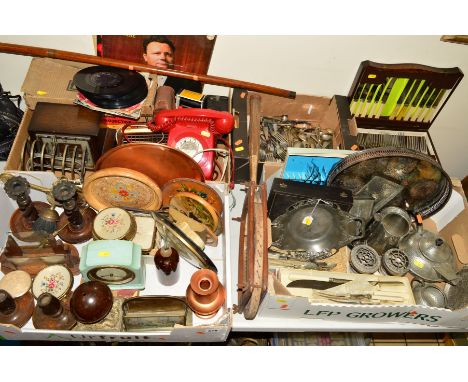 FOUR BOXES AND LOOSE ASSORTED ITEMS, to include Liberty Tudric dish, pattern 0287, Smiths blue bakelite electric clock, GPO r