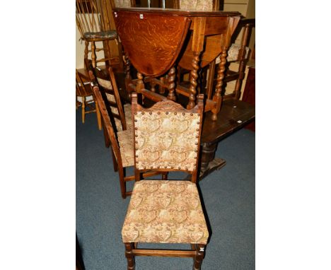 AN OAK BARLEY TWIST GATE LEG TABLE, together with a set of six oak buttoned dining chairs  (sd) (7)