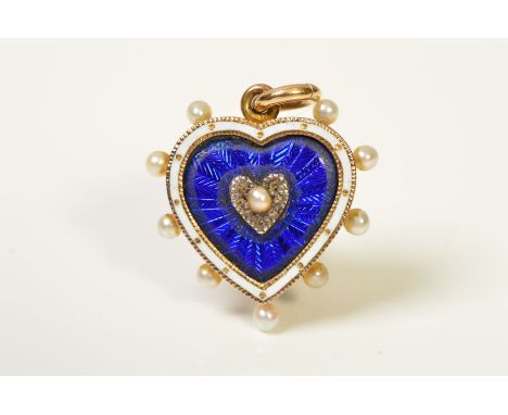 A MID VICTORIAN GOLD ENAMEL AND PEARL HEART MEMORIAL PENDANT, of heart shape outline with blue guilloche enamel centre, white