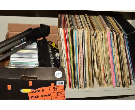 A COLLECION OF OVER SIXTY LP'S AND 12' SINGLES, and a tray of C.D's, a Grandstand Games console and a Tripod, LP's include Ne