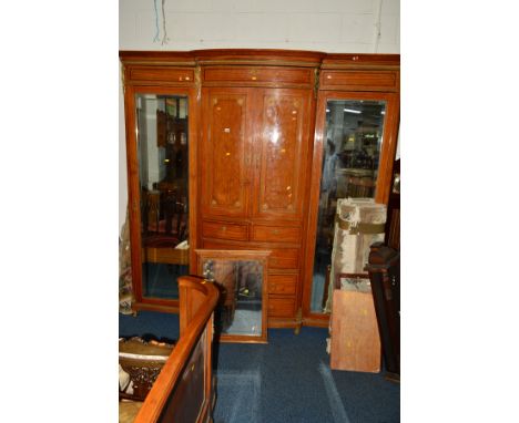 AN EARLY 20TH CENTURY WALNUT, MAHOGANY AND ROSEWOOD BANDED FRENCH SIX PIECE BEDROOOM SUITE, with moulded brass mounts, birds 