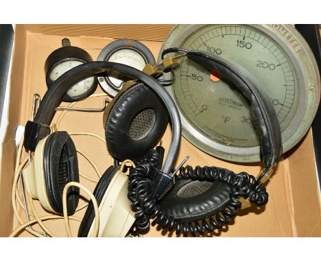 A ROTOTHERM THERMOMETER, two small amp meters and two pairs of headphones (Realistic Tandy 40 and TTC Dynamic Monaural)