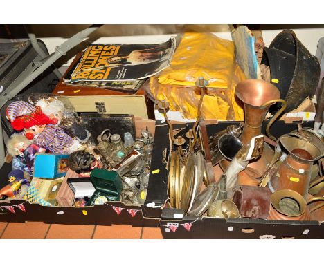 THREE BOXES AND LOOSE SUNDRY ITEMS to include brass and copper pans and jugs, etc, Crummles enamel box, cast iron moneybox, C