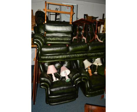 A THOMAS LLOYD GREEN LEATHER FIVE PIECE LOUNGE SUITE, buttoned back, comprising of a three seater settee, electric reclining 