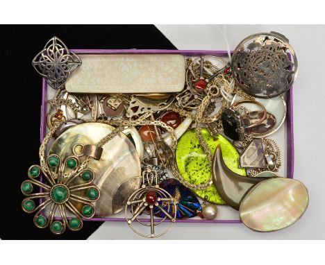 A SELECTION OF MAINLY SILVER AND WHITE METAL JEWELLERY, to include many gem set pieces, an engraved mother of pearl rectangul