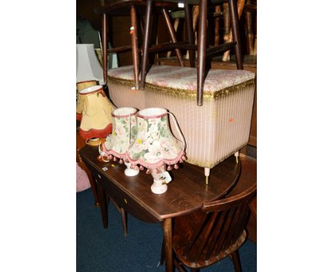 A MODERN OAK DROP LEAF TABLE, four Ercol style chairs, Lloyd Loom ottoman, bedroom chair, oak nest of three tables, oak occas