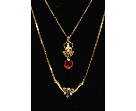 TWO 9CT GOLD GEM SET NECKLACES, the first a garnet and seed pearl pendant necklace, the oval claw set garnet suspended from a
