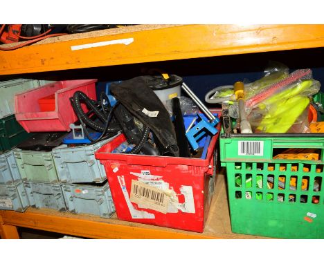 TWO PLASTIC CRATES CONTAINING VARIOUS HAND TOOLS AND MISCELLANEOUS together with sixteen small plastic crates