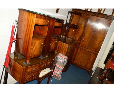 A REPRODUCTION MAHOGANY AND INALID NEAR MATCHING SEVEN PIECE BEDROOM SUITE, comprising of a double door wardrobe on splayed b