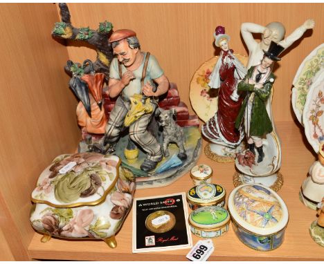 A SMALL GROUP OF HALCYON DAYS ENAMELS, CAPODIMONTE FIGURES ETC, to include Halcyon Days 'Wimbledon 16th July 1888', 'Australi