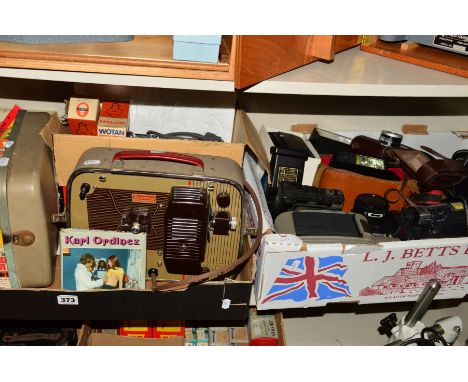 TWO TRAYS OF CAMERA AND CINE EQUIPMENT including a Ricoh KR-10, a Brownie Projector and some pre recorded films including 197