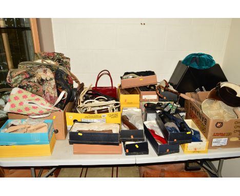 A QUANTITY OF HATS, HANDBAGS AND GLOVES AND SHOES, etc, shoes are branded 'Miss Rayne' approximate size 4, seventeen pairs, h