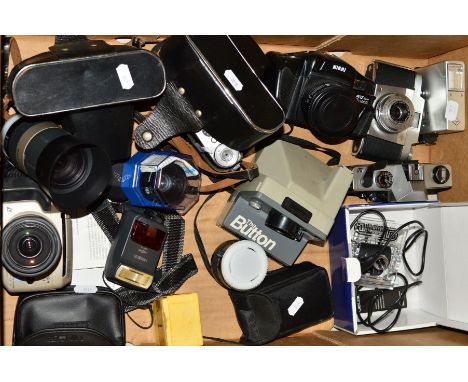 A TRAY OF CAMERAS AND EQUIPMENT, including two Zenit E with standard lenses, a Minolta Vectis with 22-80mm and a 80-240mm len