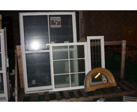 AN ANDERSEN DOUBLE HUNG WINDOW, 130cm x 116cm, two sash insert and a half round, 60cm in diameter&nbsp;(Viewing by appointmen