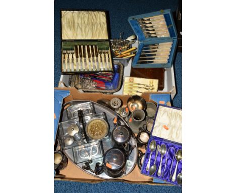 TWO BOXES OF SILVER PLATE including boxed and loose cutlery including an hors d'oeuvres dish, mother of pearl handled dessert