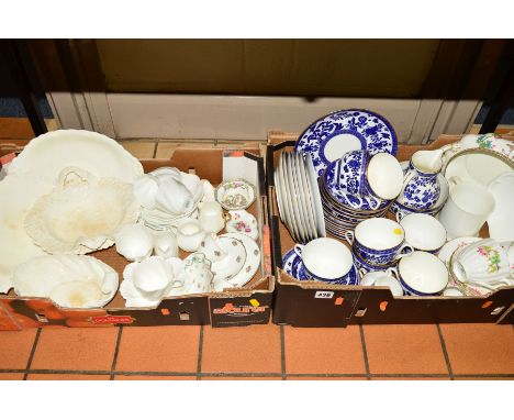 TWO BOXES OF LATE 19TH AND EARLY 20TH CENTURY CERAMICS, including blue and white tea wares, white glazed cups, saucers, bowls