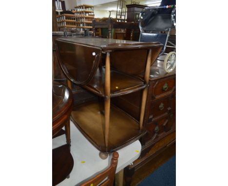 A DARK ERCOL OVAL DROP LEAF TEA TROLLEY together with a mahogany circular nest/coffee tables (2)