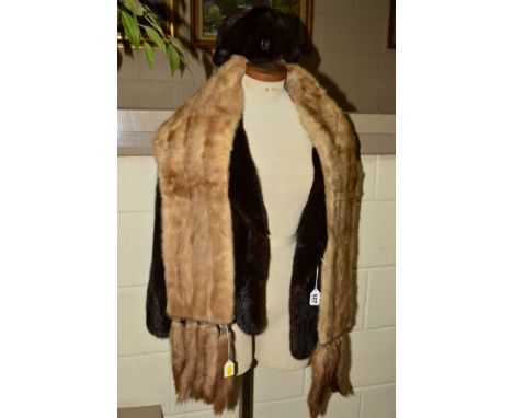 A MINK JACKET, STOLE AND HAT, the dark brown jacket with lapel collar, matching hat and a demi buff mink stole with detachabl