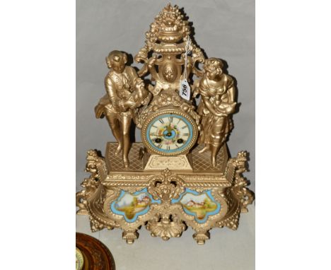 A LATE 19TH CENTURY GILT METAL AND PORCELAIN MOUNTED MANTLE CLOCK, the repainted figural case with painted dial, eight day mo