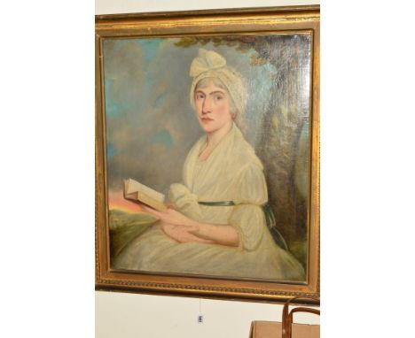 AN 18TH CENTURY STYLE PORTRAIT OF A MATURE FEMALE FIGURE HOLDING A BOOK, open countryside in the distance, unsigned, oil on c