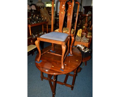 AN OAK OVAL TOPPED GATE LEG TABLE, together with four high splat back chairs and an oak coffee table (6)