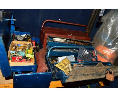 THREE METAL TOOL CRATES containing various hand tools, together with a bag containing a quantity of ratchet straps