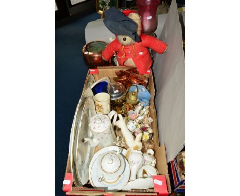 A BOX AND LOOSE CERAMICS, SUNDRIES etc, to include Gabrielle Designs Paddington Bear (missing wellies), height approximately 